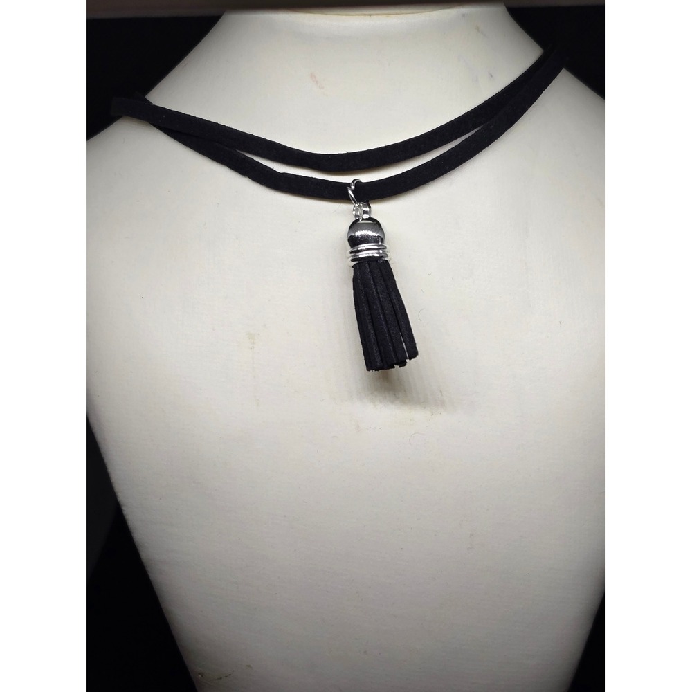 Black Faux Suede Tassel Choker Necklace Double Strand Silver Tone Wrap 90s Style